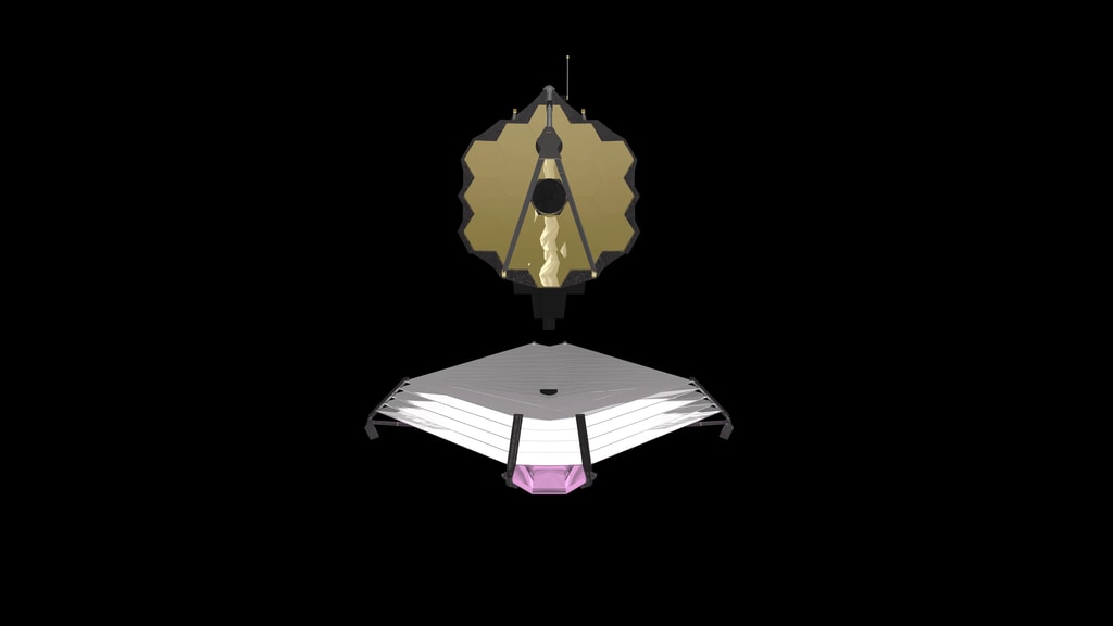 Animation shows the two main sections of the Webb Telescope: the Optical Telescope Integrated Science (OTIS) segment and the Spacecraft Element (SCE) segment.  The animation also reveals the location of Webb's four instruments.