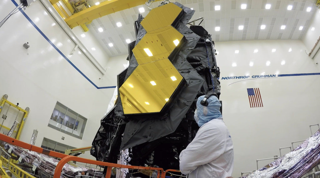 B-roll footage of engineers stowing the +J2 wing of the James Webb Space Telescope at Northrop Grumman in Redondo Beach, CA.  