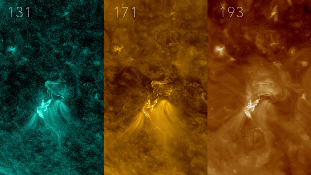 NASA’s Solar Dynamics Observatory observes the Aug. 16, 2020, B-class flare at 131, 171, and 193 angstroms. Credit: NASA/SDO