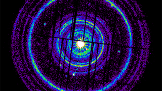 XMM-Newton images recorded 20 dust rings, 19 of which are shown here in arbitrary colors. This composite merges observations made two and five days after GRB 221009A erupted. Dark stripes indicate gaps between the detectors. A detailed analysis shows that the widest ring visible here, comparable to the apparent size of a full moon, came from dust clouds located about 1,300 light-years away. The innermost ring arose from dust at a distance of 61,000 light-years  on the other side of our galaxy. GRB221009A is only the seventh gamma-ray burst to display X-ray rings, and it triples the number previously seen around one.Credit: ESA/XMM-Newton/M. Rigoselli (INAF)