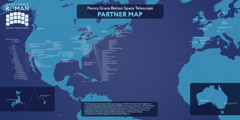 This world map of Nancy Grace Roman Space Telescope partner institutes shows the international effort to realize this mission.  Dish icons represent ground stations that will send and recieve data to the spacecraft once it is on orbit.Credit: NASA's Goddard Space Flight CenterThe Australia inset of this map was originally created by Lokal_Profil and sourced from Wikimedia Commons.