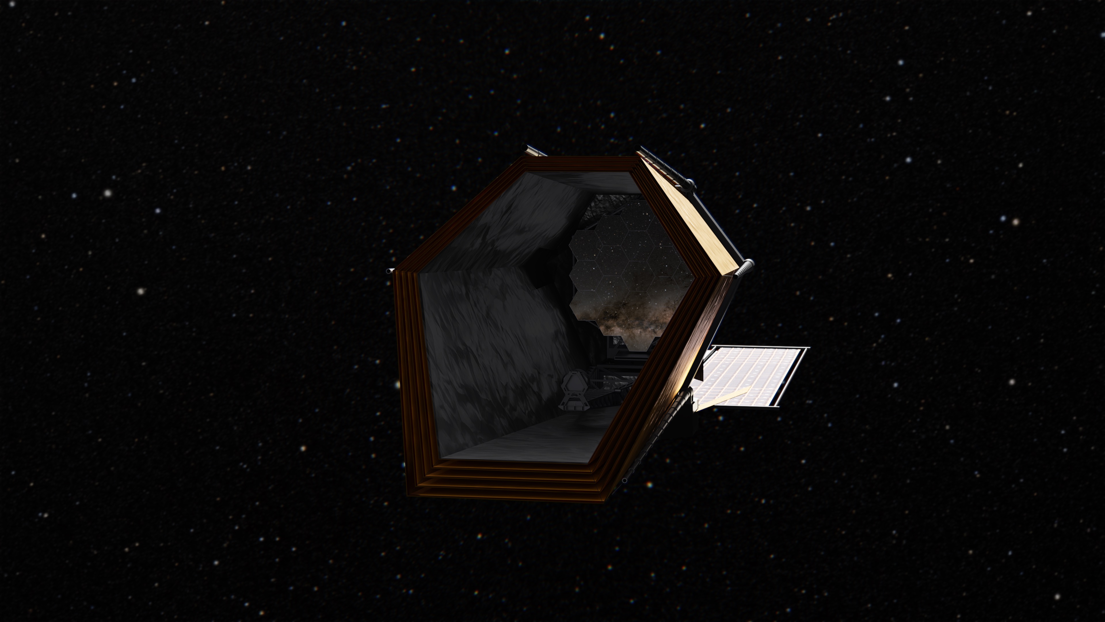 Artist's concept of one design for the proposed Habitable Worlds Observatory.  Still image includes option with transparent background.