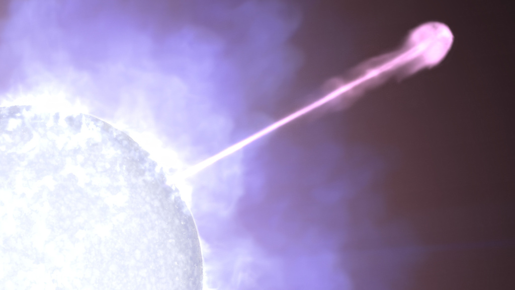 A jet of particles moving at nearly light speed emerges from a massive star in this artist’s concept. The star’s core ran out of fuel and collapsed into a black hole. Some of the matter swirling toward the black hole was redirected into dual jets firing in opposite directions. We see a gamma-ray burst when one of these jets happens to point directly at Earth. Credit: NASA's Goddard Space Flight Center Conceptual Image LabImage description: Against a cloudy white and purple background, part of a bright blue-white star is visible at lower left. Emerging from the star and stretching diagonally across the frame is a narrow line, looking white nearest the star and becoming magenta farther away. At far right, the line — one of the dying star’s particle jets — forms a large, rounded blob. The image is watermarked “Artist’s concept.”