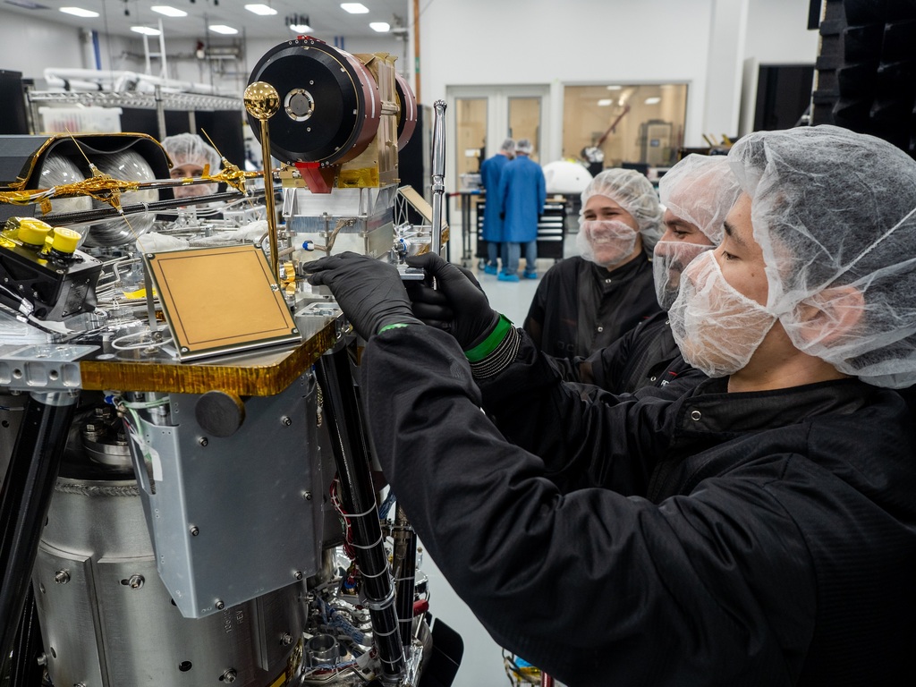 ESCAPADE spacecraft development images at Rocket Lab’s Spacecraft Production Complex and headquarters in Long Beach, California.Image Credit: Rocket Lab