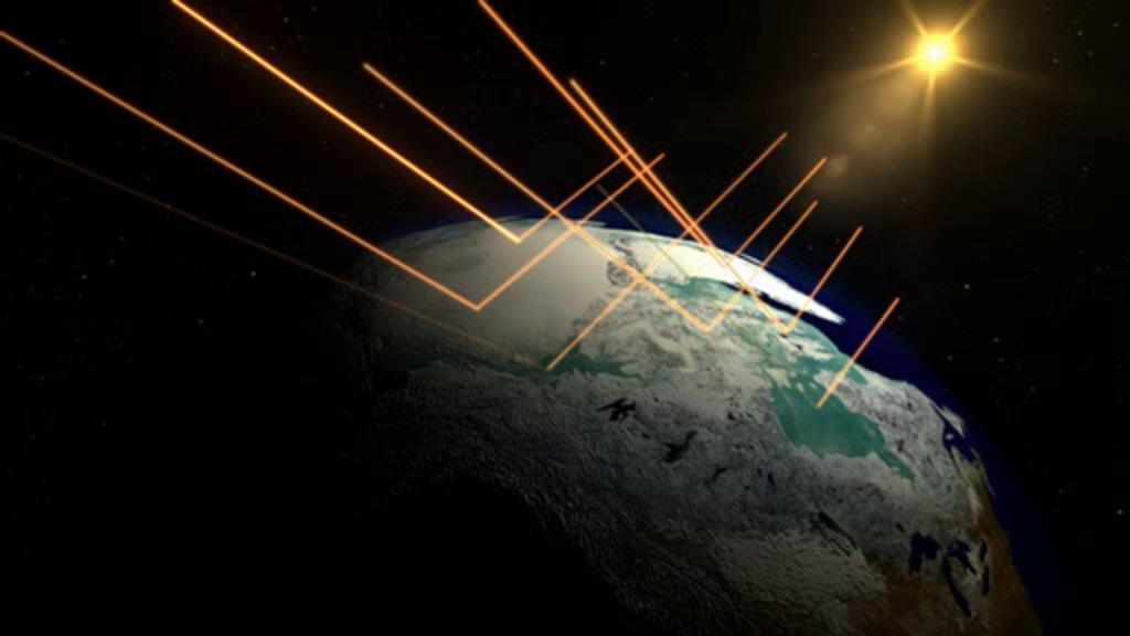 This is a conceptual animation showing how polar ice reflects light from the sun.  As this ice begins to melt, less sunlight gets reflected into space.  It is instead absorbed into the oceans and land, raising the overall temperature, and fueling further melting.