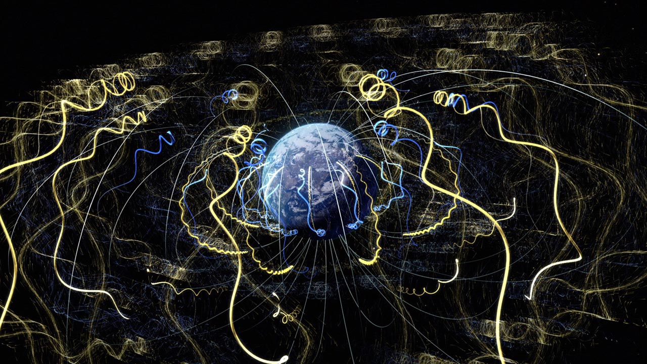 Space is a better vacuum than any we can create on Earth, but it's nonetheless bustling with activity. It overflows with energy, particles and a complex system of magnetic field lines. This animation shows the busy-ness of near-Earth space, where the magnetic environment around Earth can trap electrons and charged particles.