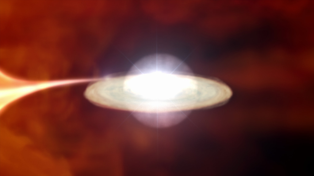 After decades of steadily raining onto the white dwarf, a layer of gas has accumulated on the surface. At the base of this layer, where the pressure and temperature is highest, the gas reaches a critical point and begins to undergo hydrogen fusion — the process that produces energy in the centers of stars like our Sun. Once started, the reaction runs away across the dwarf, resulting in a thermonuclear blast on a scale the size of Earth. For a few days, this eruption brightens the system so much that it becomes visible from Earth with the unaided eye.Credit: NASA's Goddard Space Flight Center Conceptual Image LabAlt text: Animation showing T CrB erupt