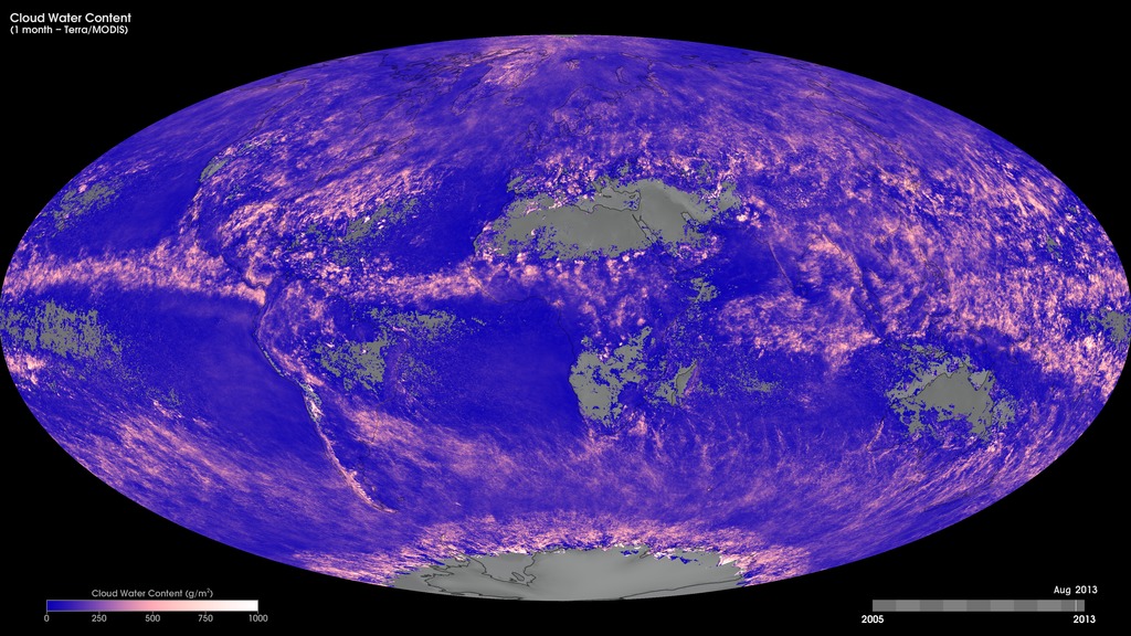 Monthly Terra/MODIS cloud water content, January 2005 to the present.