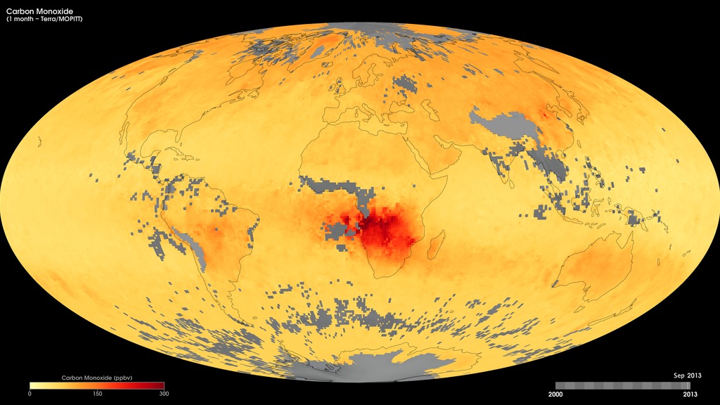 Monthly Terra/MOPITT carbon monoxide maps, March 2000 to the present.