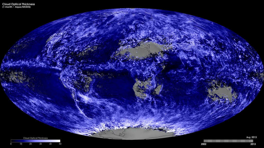 Monthly Aqua/MODIS cloud optical thickness, July 2002 to the present.