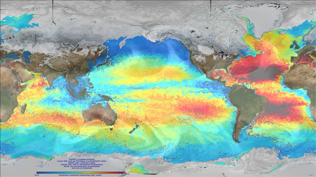 This animation shows sea surface sailinity, sea ice thickness, and atmospheric precipitable water.