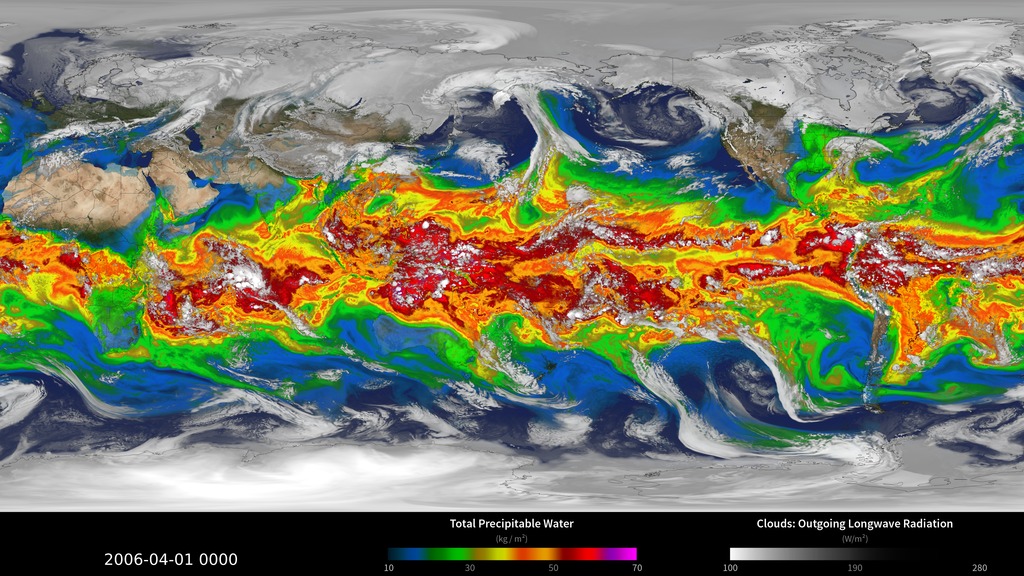 Clouds and precipitable water animation of Apr 1 - Jul 31, 2006. 