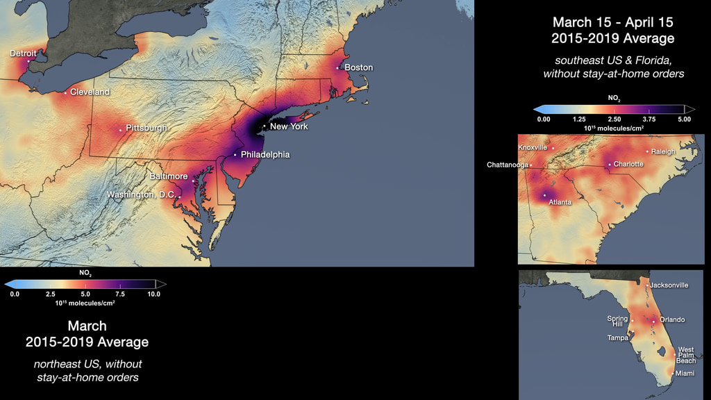 Tropospheric NO2 Column, March 15-April 15 2015-2019 average vs. 2020, USA regions