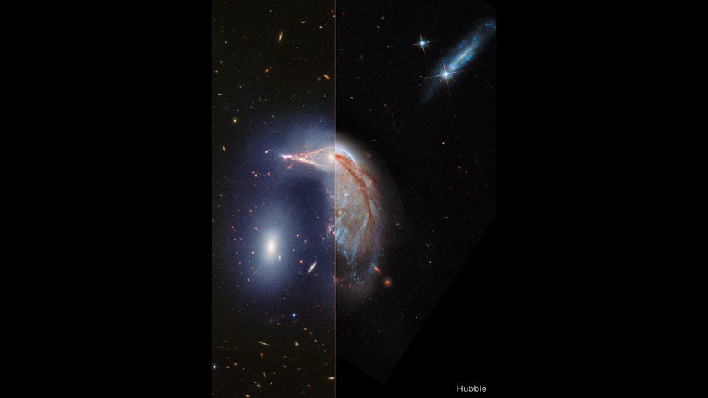 ARP 142 as seen by Hubble vs. Webb