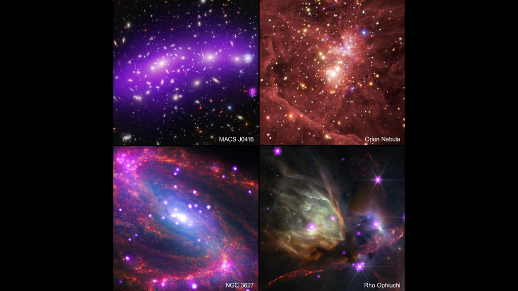 Images combining data from NASA’s Chandra and Webb telescopes, of a cloud complex, a region of star formation, a spiral galaxy, and a galaxy cluster.